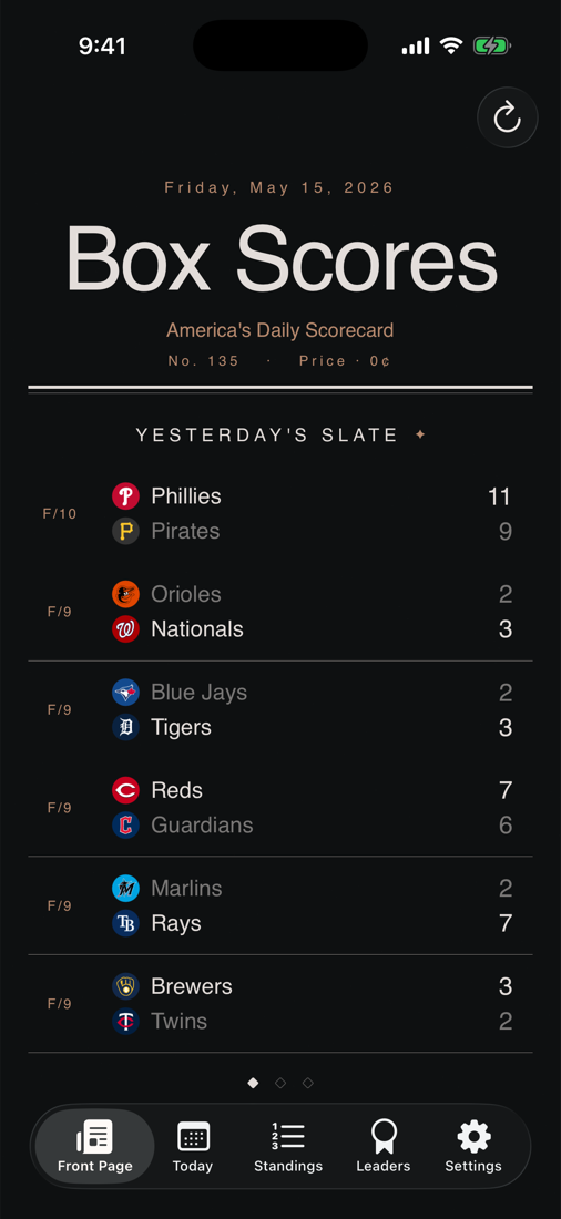 Box Scores tab showing yesterday's MLB slate with eight finals listed by team logo and score.