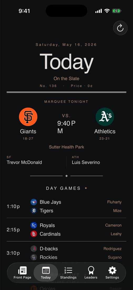 Today tab with the marquee matchup, first pitch time, and day games listed underneath.
